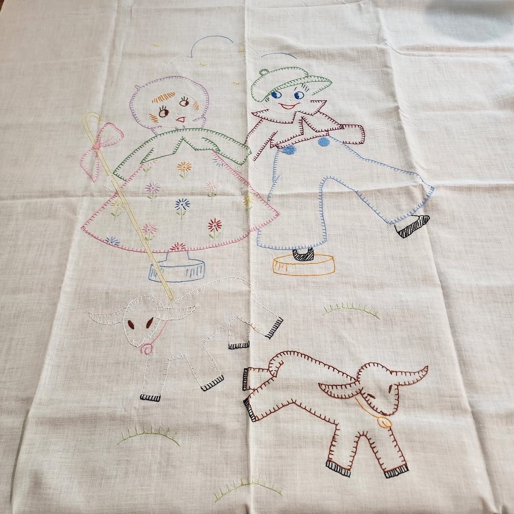 Hand Embroidered Vintage Linen with Playful Characters